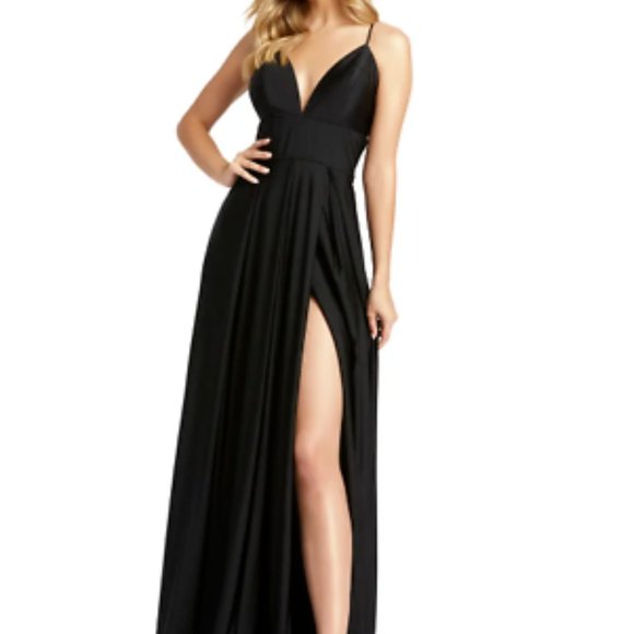 MAC DUGGAL PLUNGE NECK HIGH SLIT BLACK SHIMMER GOWN sz 2 - Picture 1 of 5
